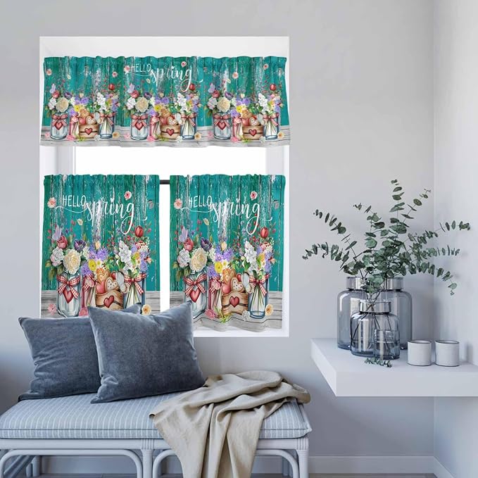 Spring Flowers Kitchen Curtain Set, Farmhouse Watercolor Teal Wood Grain Window - Image 8