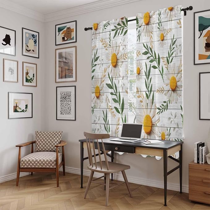 Spring Daisy Kitchen Curtains, Farmhouse Country Flower Leaf Plant Wood Grain - Image 6
