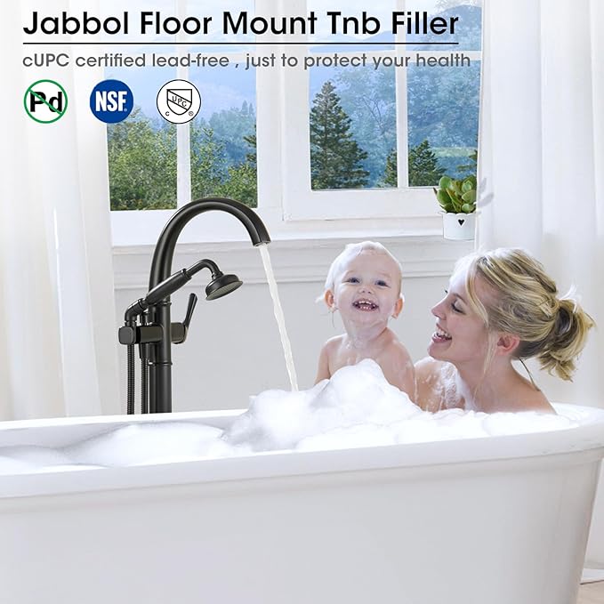 Free Standing Tub Faucet, Jabbol Luxury Freestanding Bathtub Faucet with Sprayer, Brass Bathroom Floor Mount Tub Filler, Matte Black (JB-8811BK)