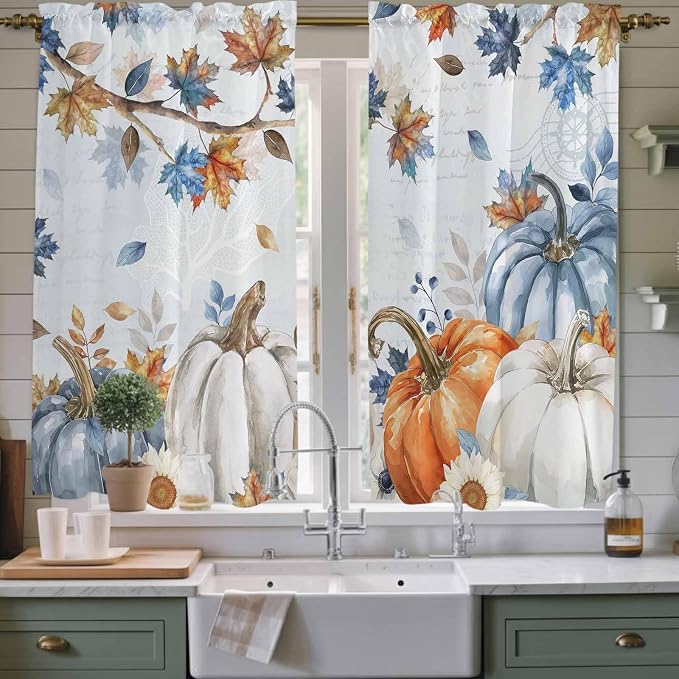 Fall Blue Maple Window Curtains 63 Inch Long 2 Panel Set, Rod Pocket Bedroom by Unknown