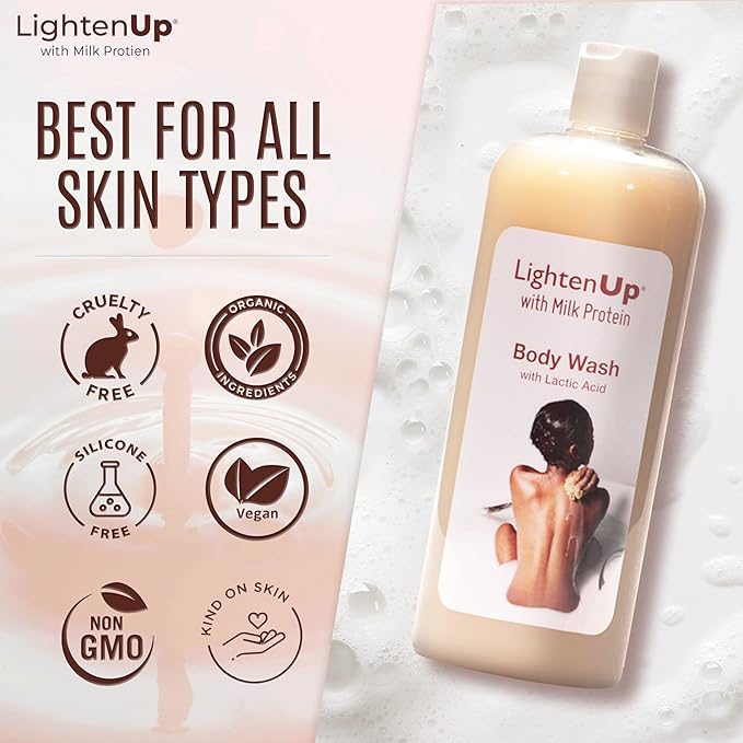 Lighten-Up LightenUp Lactic Acid Body Wash - 33.8 Fl oz / 1000 ml - Exfoliating Shower Gel, with Shea Butter and Coconut Oil, For All Skin Types