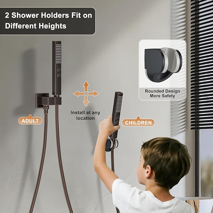 Shower Faucet Set, Wall Mount Shower System 12 and 6 Inch Dual Shower Head Set with 2 in 1 Handheld Spray Rain Shower Faucet with Rough-in Valve and Shower Trim Kit, Oil Rubbed Bronze