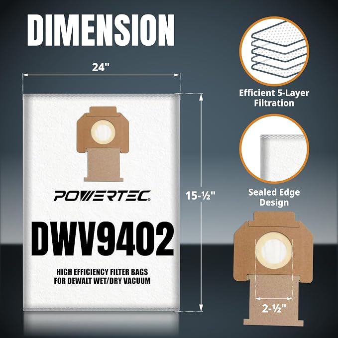 POWERTEC DWV9402 Fleece Bags for Dewalt 5PK, for Dewalt DWV010, DWV015 8 & 10 - Image 2