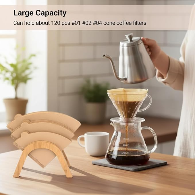 Cone Coffee Filter Holder for Counter, Bamboo Coffee Filter Storage Container - Image 5