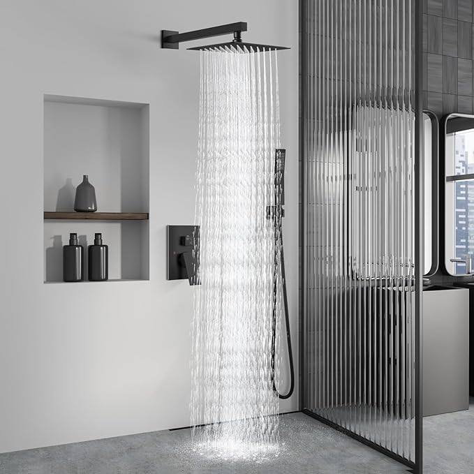 Aolemi Shower Faucet Set Rain Shower System with Handheld Spray Bathroom Shower Combo Rough-in Valve and Shower Trim Kit Included Matte Black 8 Inch Wall Mount Shower Head