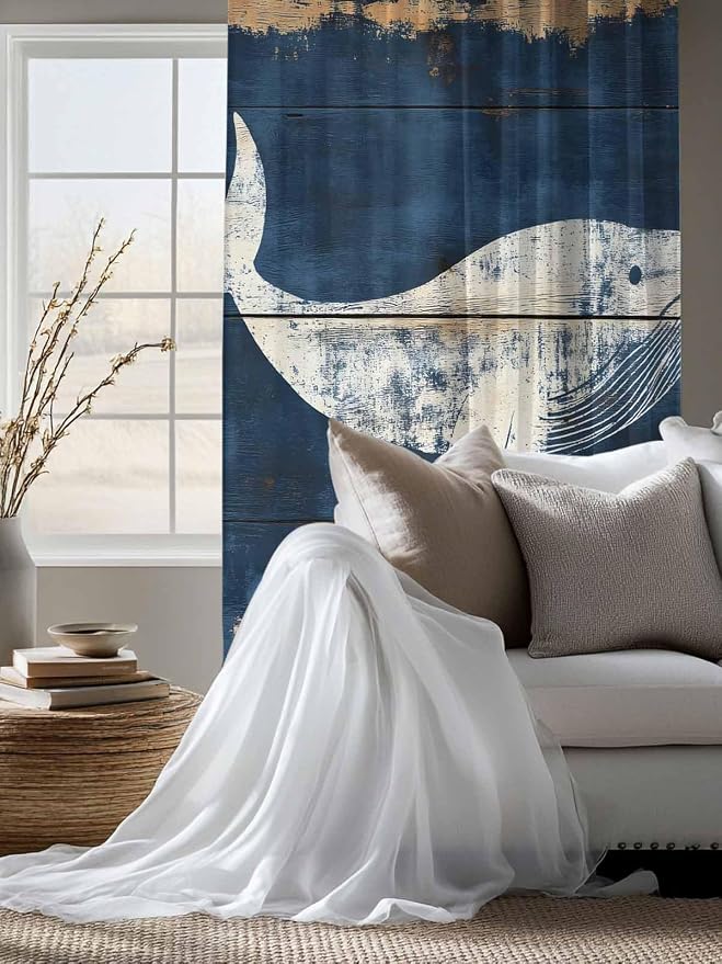 Sheer Curtains 63 Inch Length, Ocean Whale Blue Semi Sheer Curtains Light - Image 4