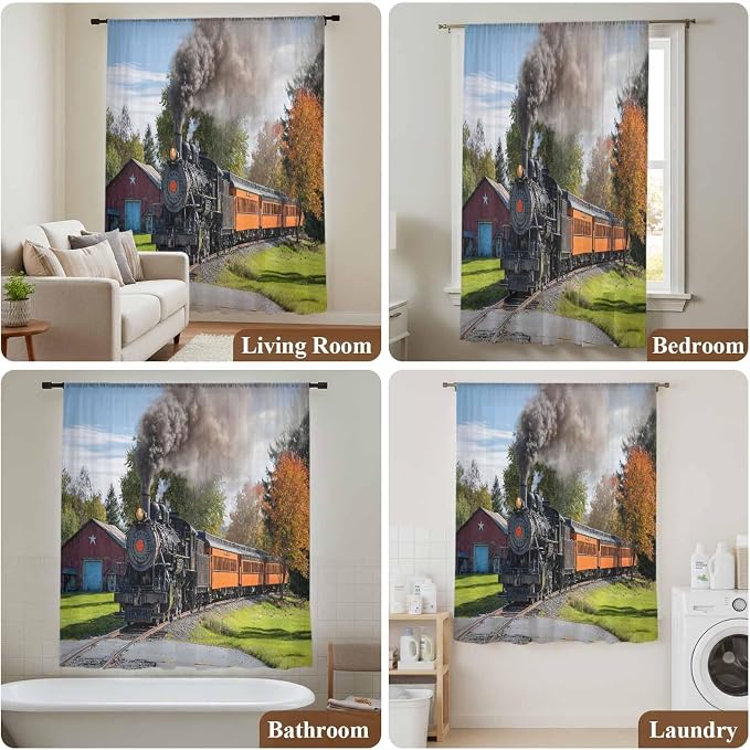Steam Train Sheer Curtains 108 Inch Length Railroad Country Barn Rustic Trees - Image 7