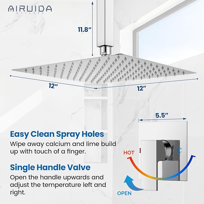 Airuida Shower Faucet Set and Handle Set Single Function Shower Trim Kit Ceiling Mount Rainfall Shower System with Male Threads and Rough-in Valve 12 Inch Square Shower Head Chrome Polish