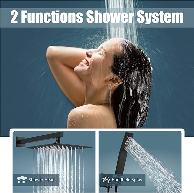 Aolemi Shower Faucet Set Rain Shower System with Handheld Spray Bathroom Shower Combo Rough-in Valve and Shower Trim Kit Included Matte Black 10 Inch Wall Mount Shower Head