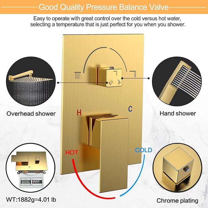Rain Shower System 12 inch Shower Faucet Set with Tub Spout,Bathroom Wall Mounted Waterfall Shower Head Bath tub Faucet Sets Complete with Handheld Spray,Included Valve Body and Trim kit,Brushed Gold