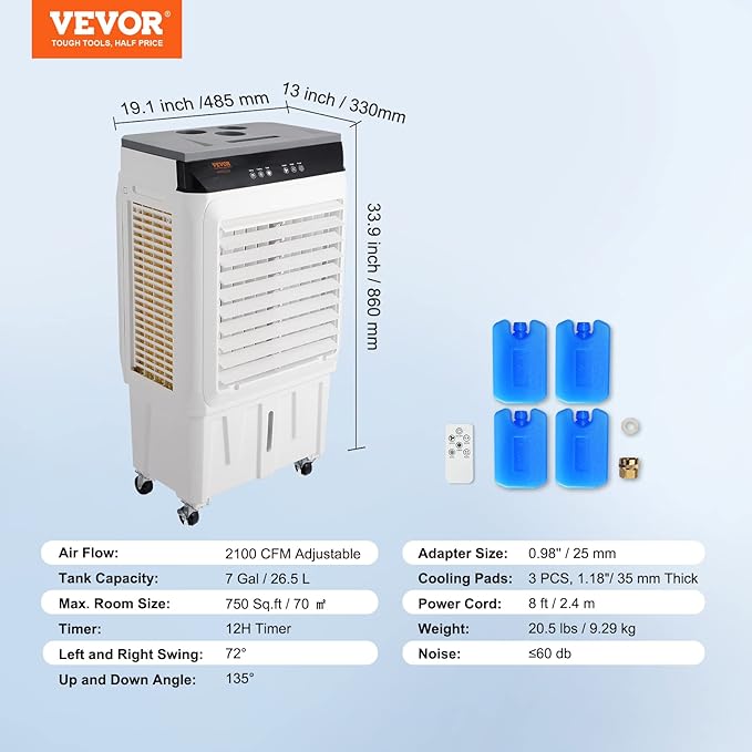 VEVOR Evaporative Air Cooler, 2100 CFM 13X34 inch Air Cooler, 3 Speeds and 12H - Image 7
