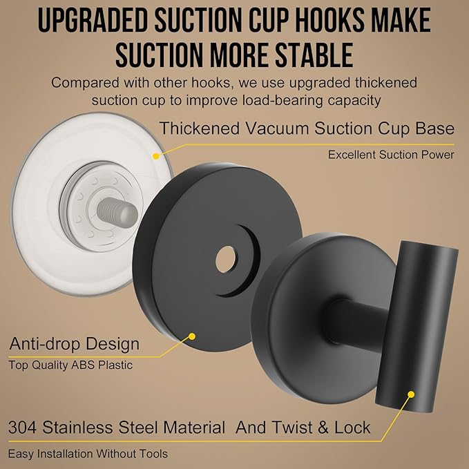 Suction Cup Hook for Shower, 16 Pack Wall Mount Towel Holder, Removable Towel Hook - Stainless Steel No Drill Hook for Bathroom Window Glass Door Wall Home Kitchen Matte Black