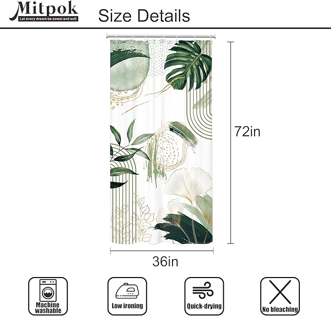 Small Stall Boho Shower Curtain 36Wx72H RV Sage Green Modern Mid Century Bohemian Abstract Palm Leaves Tropical Bathroom Decor Half Narrow Standing Bath Curtain Fabric Polyester 7 Pack Hooks