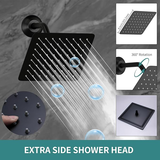 Rainfall Shower System with 12+8+8" Three Top Shower Heads, Body Jets and Handheld Shower,Matte Black Full Body Shower System with Digital Display Valve