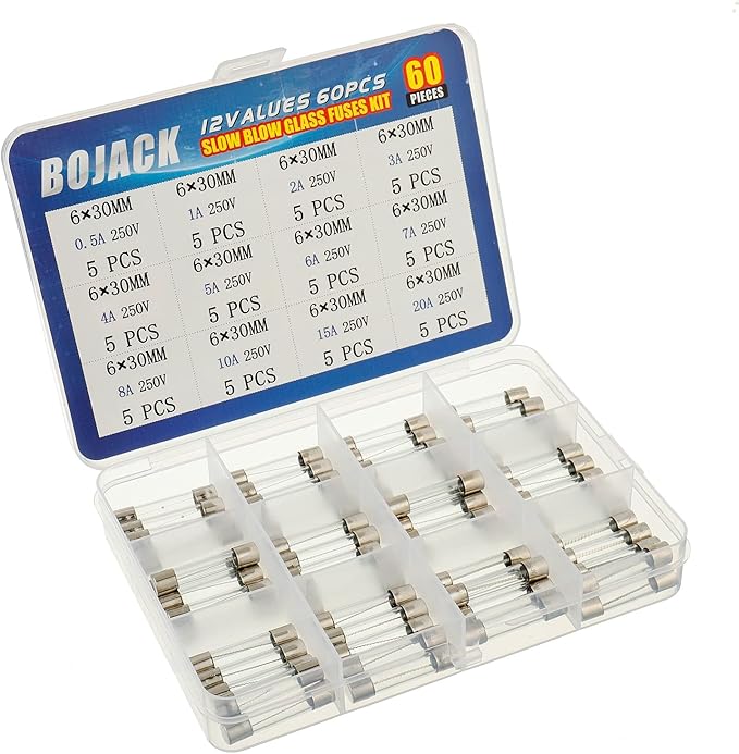 BOJACK 12 Values 60 Pcs Slow Blow Glass Fuses Assortment Kit 6x30 mm 250V T - Image 2