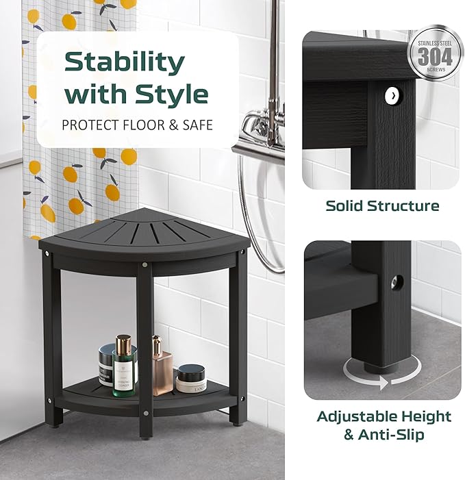 Waterproof Corner Shower Stool for Inside Shower, Poly Lumber Shower Bench Seat Chair, Bath Shower Stool for Shaving Legs Foot Rest with Storage Shelf, Adjustable & Non-Slip Feet, Black
