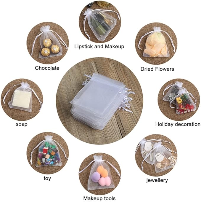 Hopttreely 100PCS Premium Sheer Organza Bags, White Wedding Favor Bags, 4x4.72 Jewelry Gift Bags for Party, Jewelry, Christmas, Festival, Bathroom Soaps, Makeup Organza, Wrapping Supplie