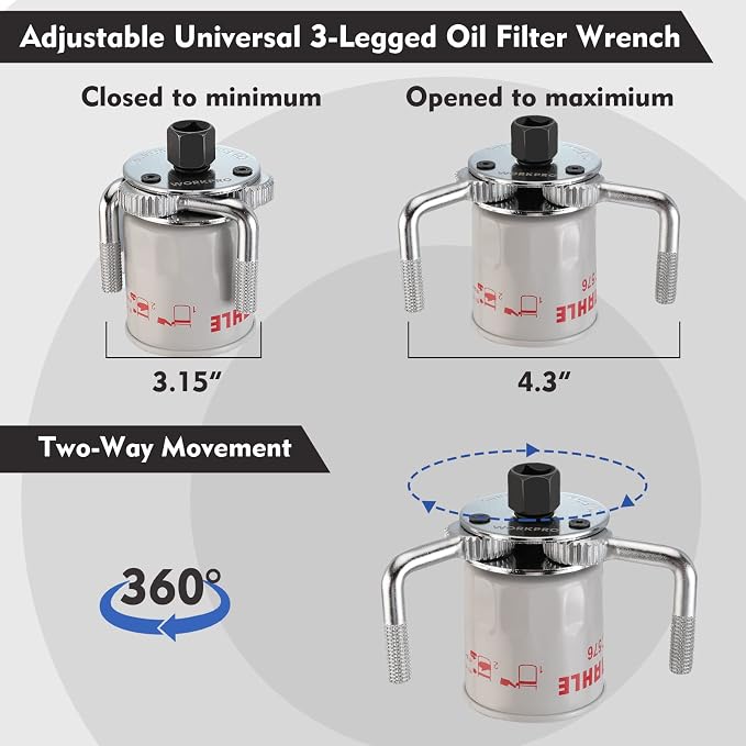 WORKPRO Adjustable Oil Filter Wrench, Universal 3"–5-1/2" Heavy Duty 3-Jaw Oil - Image 3
