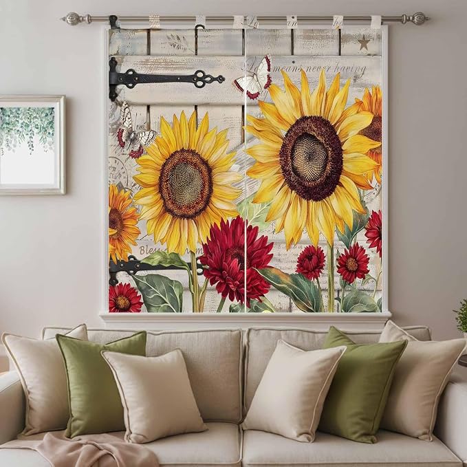 Red Yellow Sunflowers Bathroom Curtains 63 Inch Length, Window Curtains Tab Top - Image 9