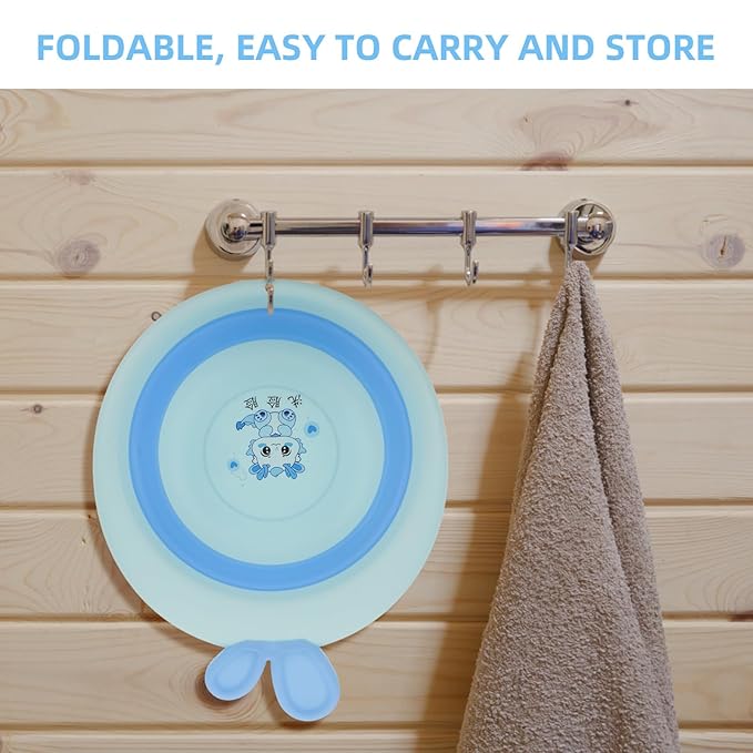 Kisangel Foldable Bath Tub and Wash Basin for Newborns, Cartoon Blue, Portable Plastic Bathtub for Bottle Washing and Hair Wash, Suitable for Travel and Home Bathing