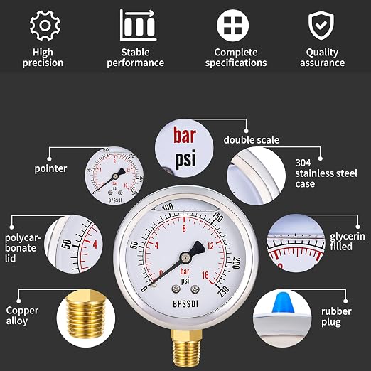0-230 Psi Glycerin Liquid Filled Pressure Gauge, 2.5" Dial Size, 1/4" NPT Lower - Image 3