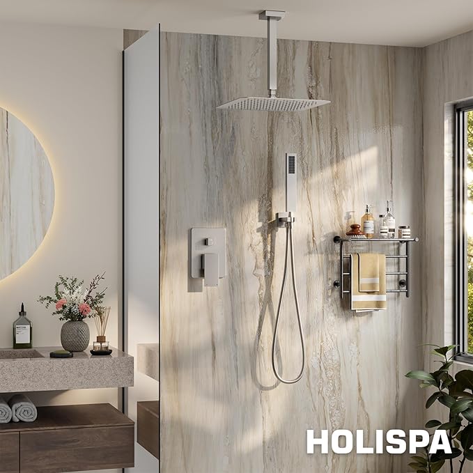 Ceiling Mount Shower Faucet Set, Shower System with 10-Inch Rain Showerhead and Handheld Spray Combo, High-Pressure Showerheads Set with Valve and Trim Kit, Brushed Nickel