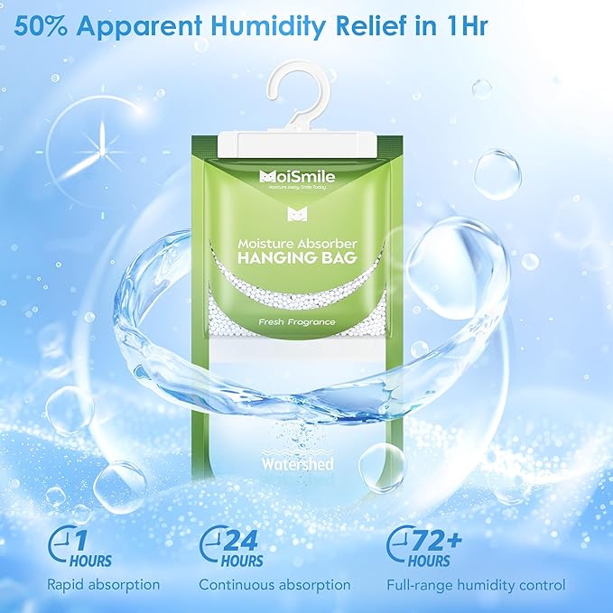 Moisture Absorbers 10 Pack Fresh Fragrance, Hanging Closet Dehumidifier Bags, Humidity Absorber, Compact Eliminates Odors Humidity Packs for Car, Bathroom, Bedroom, Basement, 9.8OZ