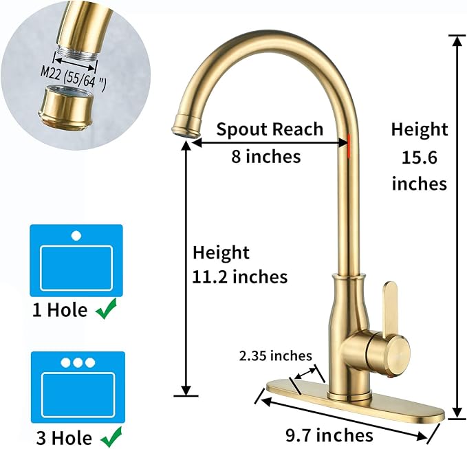 Brushed Gold Kitchen Faucet ，Modern High Arc Bar Sink Faucet ，Commercial - Image 4