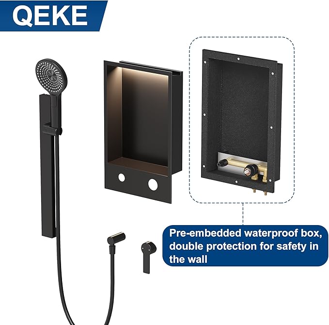 Shower Niche with Round Hand Shower,Sliding Bar and LED Light in Matte Black/Vertical