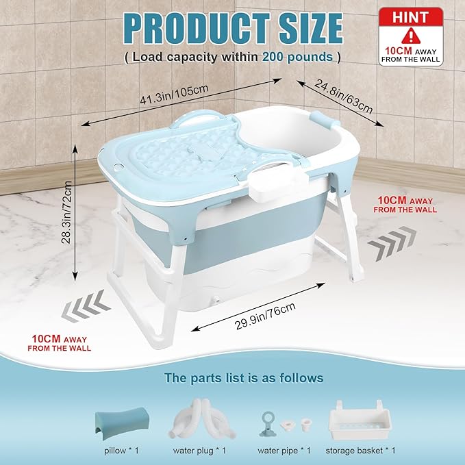 Portable Bathtub Foldable Bathtub for Adults, 39 Inch Small Tub with Ergonomic Seat & Massage Roller, Ice Bath Tub for Shower, Sitz Bath, Ice Baths Freestanding Bathtubs for Bathroom Blue
