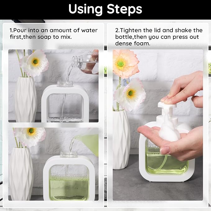 Segbeauty 10.1oz Foam Hand Soap Dispenser, 4pcs 300ml Square Liquid Soap Dispenser White Foaming Pump Bottles for Kitchen Dish Cleaning, Plastic Body Soap Shampoo Shower Bath Foamer Bottle with Labels