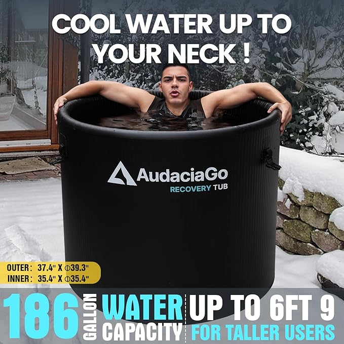 XXL Ice Bath Tub for Athletes, Compatible with Water Chillers, 186-Gallon Inflatable Cold Plunge Tub with Insulated Lid, Step, Thermometer, Water-Absorbent Mat, Portable for Outdoor & Indoor Recovery