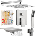 Wall Mounted Shower Faucet Set, Shower System with Tub Spout, 10 Inch Rainfall Shower Head with Handheld Spray, Waterfall Tub Spout Bathtub Faucet, Brushed Nickel