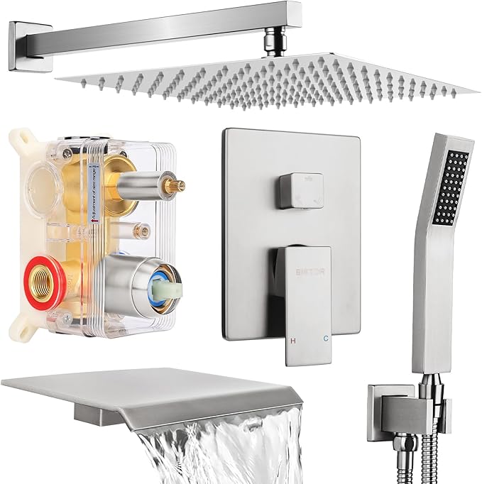 Wall Mounted Shower Faucet Set, Shower System with Tub Spout, 10 Inch Rainfall Shower Head with Handheld Spray, Waterfall Tub Spout Bathtub Faucet, Brushed Nickel