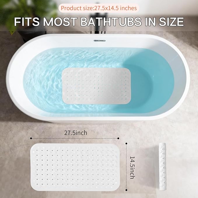 Anti-Slip Bathtub Shower mat, 27.5×14.5（Approximately 70×37cm） inch Soft Oversized Machine Washable Non-Slip Bathtub mat with Drainage Holes, Bathroom Floor Suction Cup.（1-Opaque White）