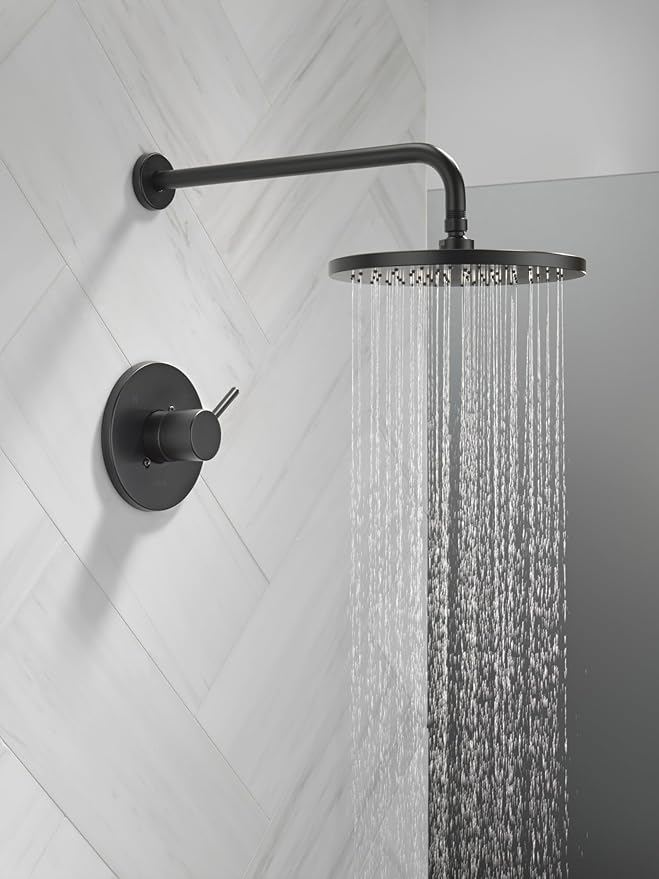 Delta Modern 14 Series Round Rain Shower Faucet Set, Matte Black Shower Head and Handle Set, Valve Trim Kit, Matte Black T14269-BL-PP (Valve Not Included)