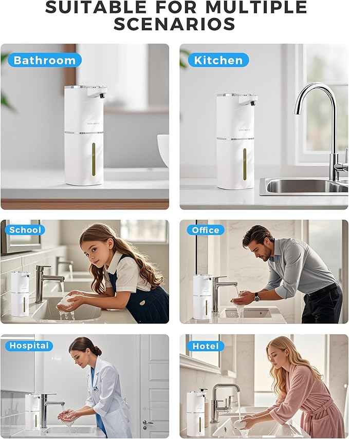Automatic Liquid Soap Dispenser, 12.8oz Rechargeable, Adjustable Liquid Levels, IPX5 Waterproof, Touchless & Wall/Tabletop Use for Kitchen Bathroom, White