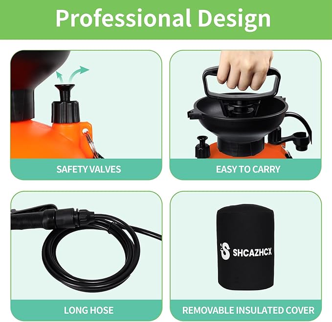1.3 Gallon/5L Portable Outdoor Shower, 10 Spray Modes, No Power Needed, Insulated Sleeve Keeps Water Warm, Multi-Use Sprayer for Camping, Beach & Surfing, Fishing, Hiking, Road Trips, Orange