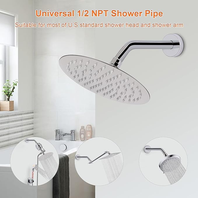 HarJue Shower Arm with Flange and Teflon Tape, Wall Mounted Shower Pipe 304 Stainless Steel Extension Arm for Fixed Shower Head & Handheld (8 Inch, Chrome)
