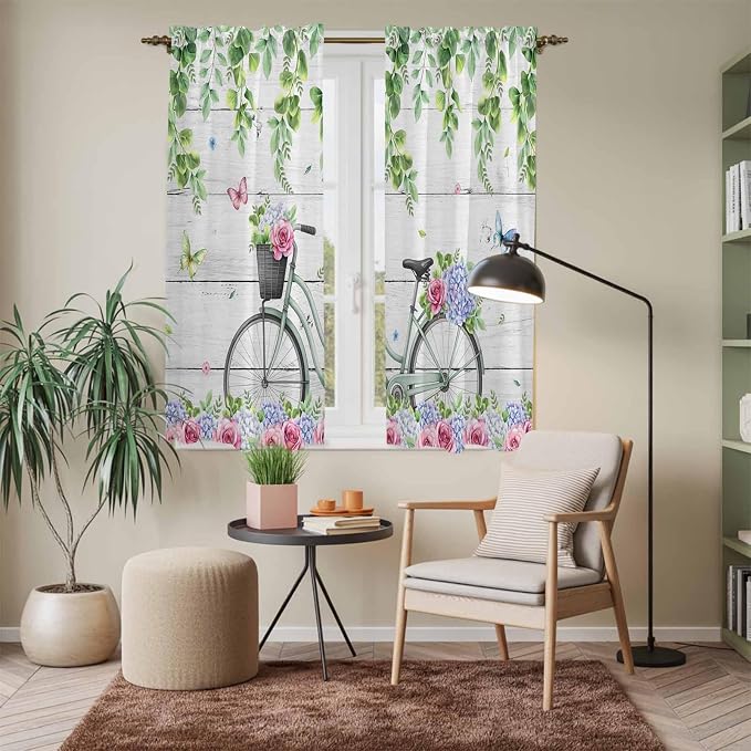 Spring Kitchen Curtains, Bicycles Botanical Rose Leaves Butterfly Wood Grain - Image 7