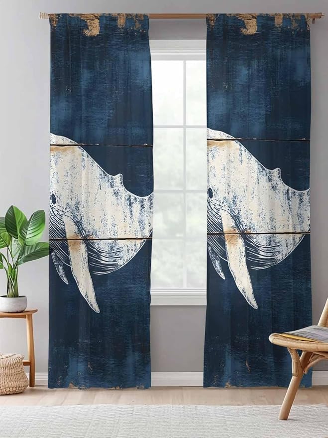 Sheer Curtains 108 Inches Long, Ocean Whale Blue Semi Sheer Curtains Light - Image 5