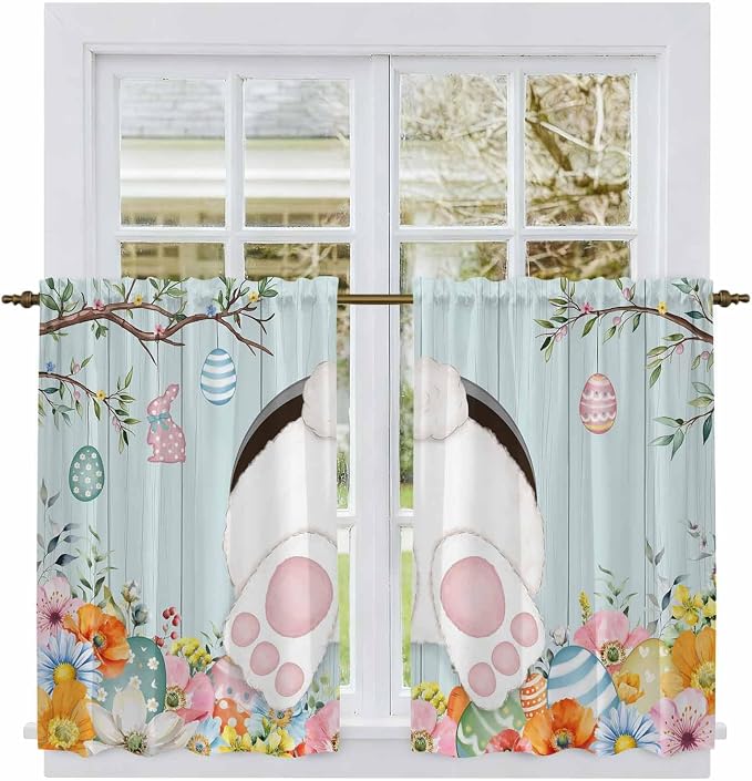 Easter Bunny Kitchen Curtains 45 Inch Long 2 Panel Set, Rod Pocket Window - Image 2