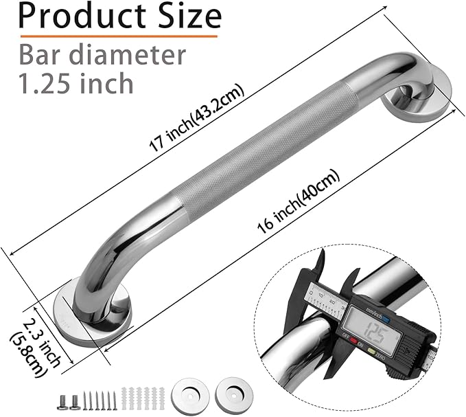 Shower Grab Bar, 2 Pack 16 Inch Bathroom Grab Bar, 304 Stainless Steel 1.25" Diameter Anti-Slip Handicap Grab Bar Support Shower Rail Senior Handrail Shower Safety Bar Handle