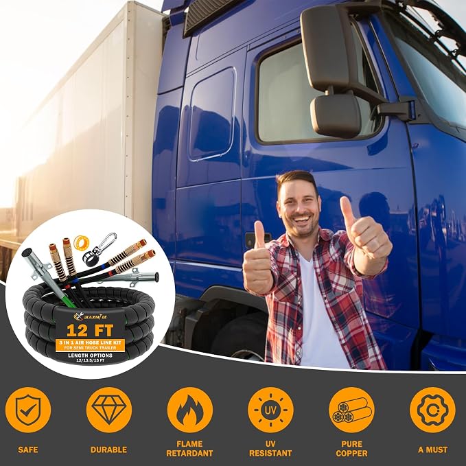 12FT Semi Truck Air Lines Kit 3IN1 Trailer Cord and Air Brake Hoses Assembly - Image 7