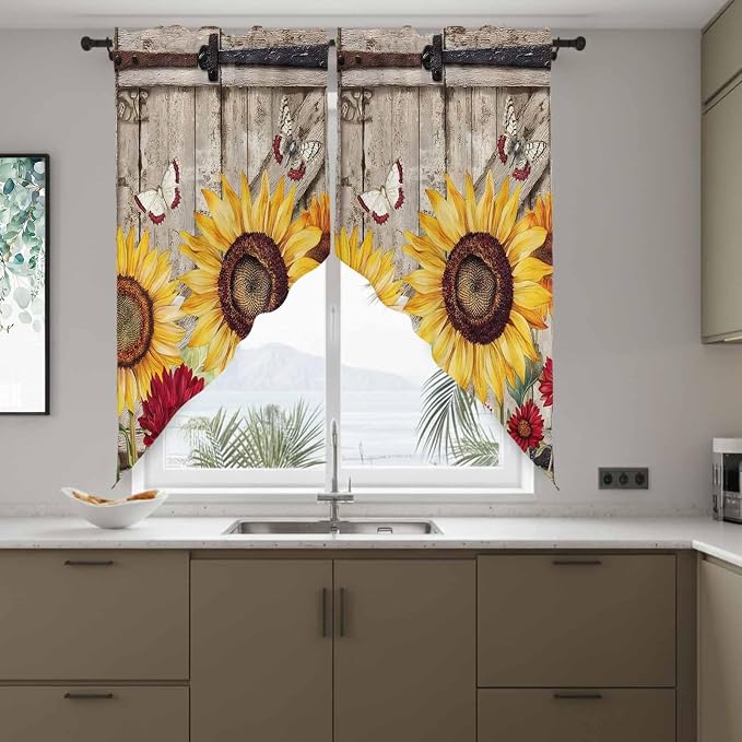 Sunflowers Swag Valances for Windows, Retro Flower Barn Doors Butterfly - Image 8