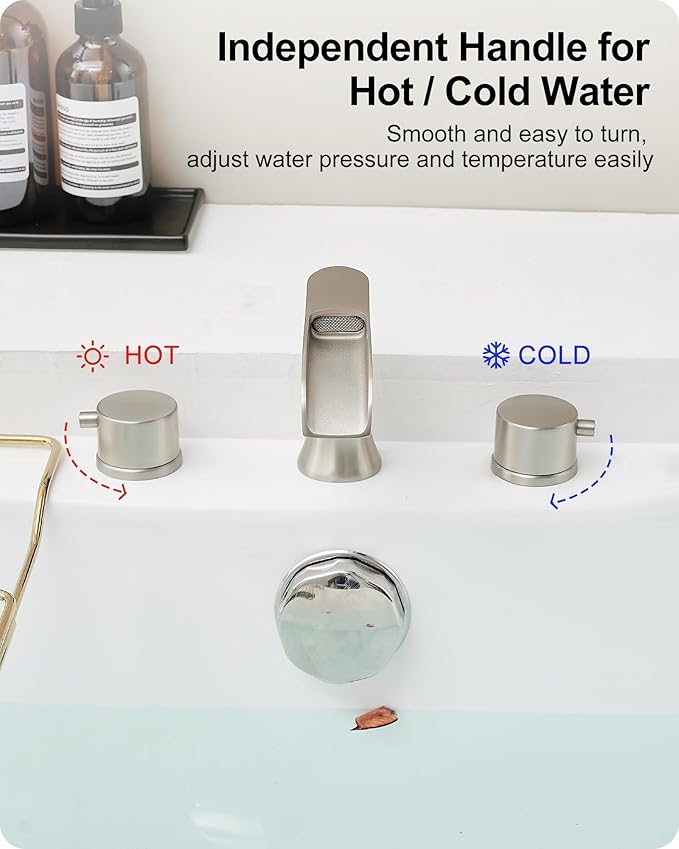 Brass Roman Bathtub Faucet Brushed Nickel, Waterfall High Flow Bath Tub Faucet Set 3 Hole with 2 Handle Deck Mount & Pre-Installed Supply Hoses for Farmhouse