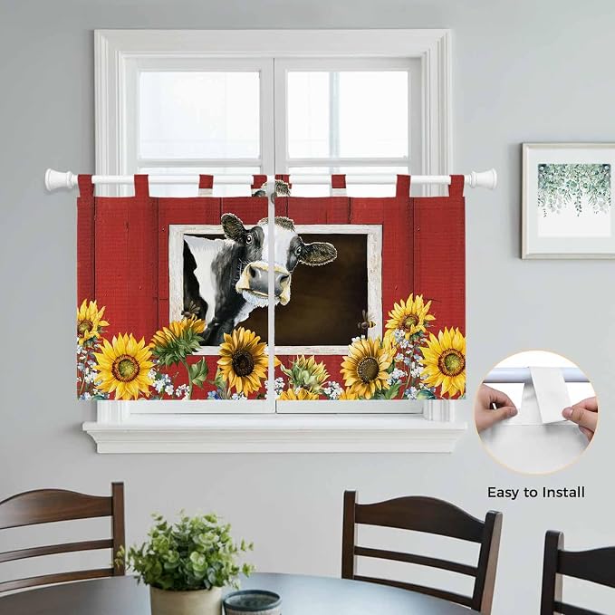 Cows Sunflowers Kitchen Curtains 24 Inch Length, Small Window Curtains Tab Top - Image 4