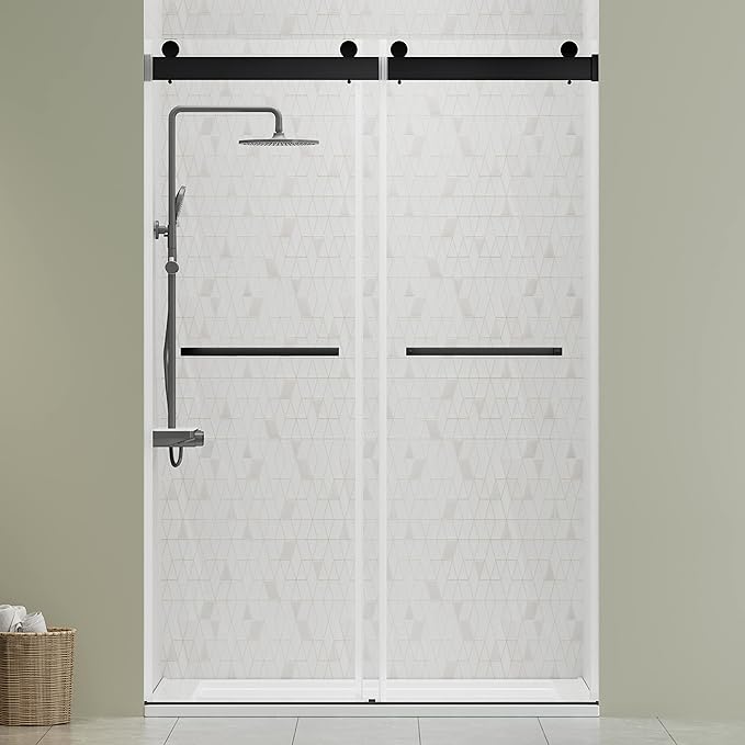 DELAVIN 44"-48"W x 75"H Frameless Shower Door, Double Sliding Shower Door, 5/16"(8mm) Clear Tempered Glass, Noiseless Shatterproof Shower Doors with Square Rail, Stainless Steel, Aluminum, Matte Black