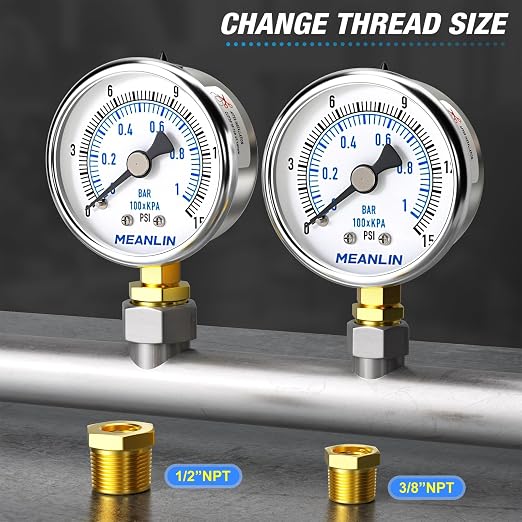 MEANLIN MEASURE 0~15Psi Dry Low Pressure Gauge Stainless Steel 1/4" NPT 2" FACE - Image 3