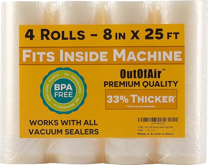 8" x 25' Rolls - 4 Pack OutOfAir Vacuum Sealer Rolls. Works by OutOfAirVacuumSealerBags